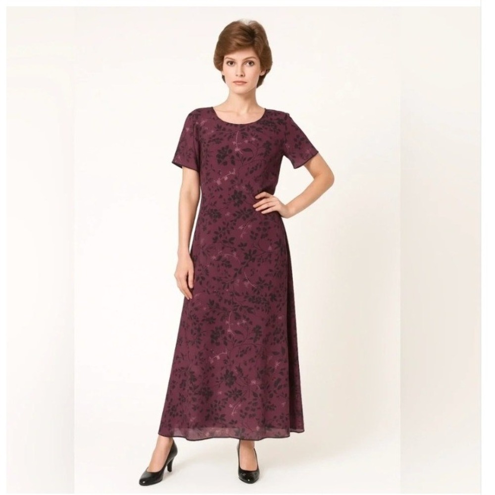 Vintage Ronni Nicole by Ouida Women's Midi Dress Short Sleeve Plum Purple Floral